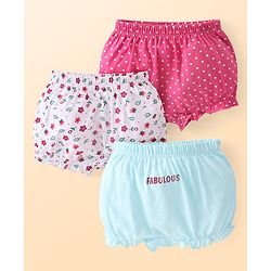 Babyhug 100% Cotton Knit Floral Printed Bloomers Pack of 3 - Dark Pink White & Aqua Blue