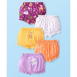 Babyhug Single Jersey 100% Cotton Knit Bloomers Bunny & Floral Print Pack of 5 - White Orange & Yellow