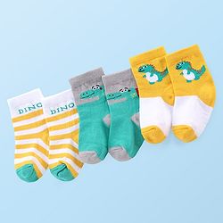 Cute Walk by Babyhug Anti-bacterial Ankle Length Striped & Dino Design Socks Pack of 3 - Yellow Green & White