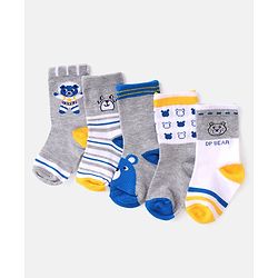 Cutewalk By Babyhug Anti Bacterial Ankle Length Striped & Teddy Bear Design Socks Pack of 5 - Grey & White