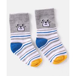 Cutewalk By Babyhug Anti Bacterial Ankle Length Striped & Teddy Bear Design Socks Pack of 5 - Grey & White