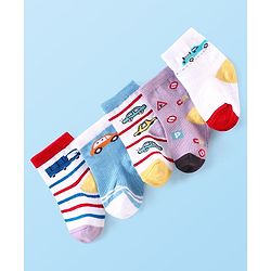 Cute Walk by Babyhug Anti-bacterial Ankle Length Striped & Vehicle Designed Socks Pack of 5 - Multicolor