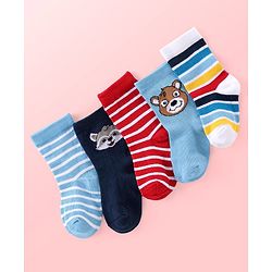 Cutewalk By Babyhug Anti Bacterial Ankle Length Striped & Teddy Bear Design Socks Pack of 5 - Blue Red & White