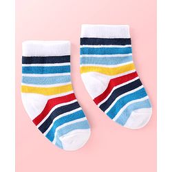 Cutewalk By Babyhug Anti Bacterial Ankle Length Striped & Teddy Bear Design Socks Pack of 5 - Blue Red & White