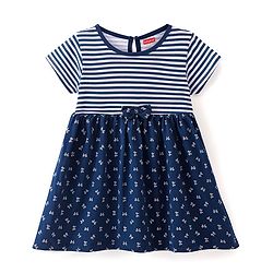 Babyhug Cotton Knit Half Sleeves Fit & Flare Frock With Bow Print & Applique- Navy Blue