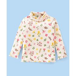 Babyhug Cotton Knit Full Sleeves Turtle Neck Top Floral Print- Off White