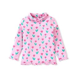 Babyhug Cotton Knit  Full Sleeves  Skivi Top with Lettuce Hem Detailing & Floral Print - Pink