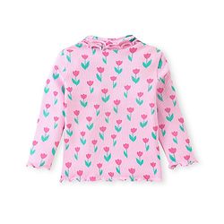 Babyhug Cotton Knit  Full Sleeves  Skivi Top with Lettuce Hem Detailing & Floral Print - Pink