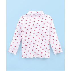 Babyhug Cotton Knit Full Sleeves Turtle Neck Skivi Top Hearts Print- White