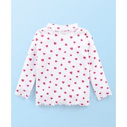 Babyhug Cotton Knit Full Sleeves Turtle Neck Skivi Top Hearts Print- White