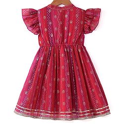 Babyhug Woven Frill Sleeves Foil Printed Ombre Ethnic Dress with Sequins - Fuschia & Orange