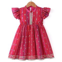 Babyhug Woven Frill Sleeves Foil Printed Ombre Ethnic Dress with Sequins - Fuschia & Orange
