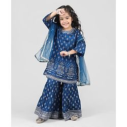 Babyhug Woven 3/4th Sleeves Foil Printed Kurti Gharara & Net Dupatta Set - Teal Blue