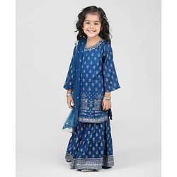 Babyhug Woven 3/4th Sleeves Foil Printed Kurti Gharara & Net Dupatta Set - Teal Blue