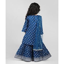 Babyhug Woven 3/4th Sleeves Foil Printed Kurti Gharara & Net Dupatta Set - Teal Blue