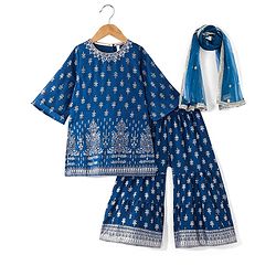 Babyhug Woven 3/4th Sleeves Foil Printed Kurti Gharara & Net Dupatta Set - Teal Blue