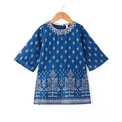 Babyhug Woven 3/4th Sleeves Foil Printed Kurti Gharara & Net Dupatta Set - Teal Blue
