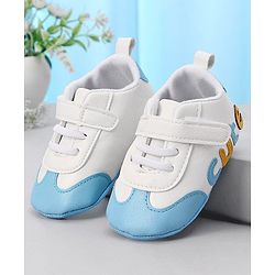 Cute Walk by Babyhug Colour Blocked Velcro Closure Booties With Text Embroidery - Sky Blue