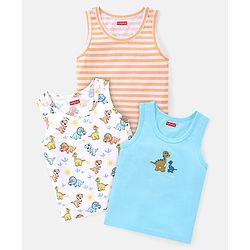 Babyhug 100% Cotton Single Jersey Knit Sleeveless Sandos with Stripes & Dino Print Pack of 3 - White Blue & Orange