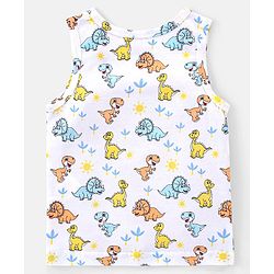 Babyhug 100% Cotton Single Jersey Knit Sleeveless Sandos with Stripes & Dino Print Pack of 3 - White Blue & Orange