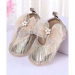 Cute Walk by Babyhug Floral & Ribbon Bow Applique Velcro Closure Glittery Ballerina Booties -  Golden