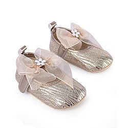 Cute Walk by Babyhug Floral & Ribbon Bow Applique Velcro Closure Glittery Ballerina Booties -  Golden