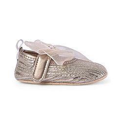 Cute Walk by Babyhug Floral & Ribbon Bow Applique Velcro Closure Glittery Ballerina Booties -  Golden
