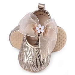 Cute Walk by Babyhug Floral & Ribbon Bow Applique Velcro Closure Glittery Ballerina Booties -  Golden