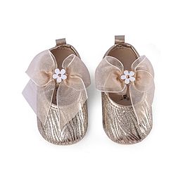 Cute Walk by Babyhug Floral & Ribbon Bow Applique Velcro Closure Glittery Ballerina Booties -  Golden