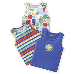 Babyhug 100% Cotton Knit Sleeveless Sando With Stripes & Smiley Print Pack of 3 - Multicolor