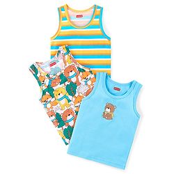Babyhug Cotton Knit Sleeveless Sandos With Stripes & Bear Print Pack of 3 - Yellow & Turquoise