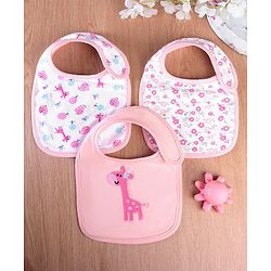 Babyhug Cotton Bibs Dinosaur Embroidery Set of 3 - Pink & White