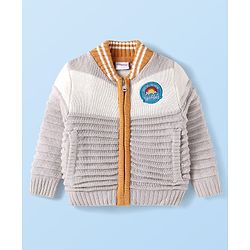 Babyhug Knitted Full Sleeves Front Open Sweater with Text Patch - Grey & Yellow