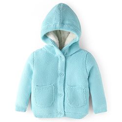 Babyhug Knit Full Sleeves Solid Color Hooded Sweater - Aqua Blue