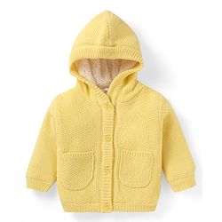 Babyhug Knit Full Sleeves Solid Colour Hooded Front Open Sweater With Pockets - Yellow
