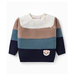 Babyhug Knit Full Raglan Sleeves Pullover Sweater with Colour Block Design &  Bear Embroidery - Navy Blue Off White & Light Brown