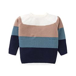 Babyhug Knit Full Raglan Sleeves Pullover Sweater with Colour Block Design &  Bear Embroidery - Navy Blue Off White & Light Brown