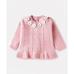 Babyhug Knitted Full Sleeves Sweater Knit Pull Pullover  with Cable Knit Design & Floral Applique - Pink
