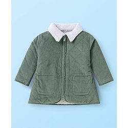 Babyhug Full Sleeves Collared Neck Winter Jacket With Solid Colour & Fur Detailing -  Green