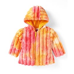 Babyhug Woven Full Sleeves Hooded Fur Jacket with Stripe Design - Yellow & Pink