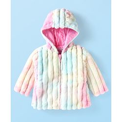 Babyhug Woven Full Sleeves Hooded Fur Jacket with Stripe Design - Yellow & Pink