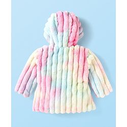 Babyhug Woven Full Sleeves Hooded Fur Jacket with Stripe Design - Yellow & Pink