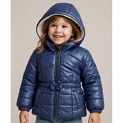 Babyhug Woven Full Sleeves Padded Hooded Jacket with Solid Colour & Floral Applique - Navy Blue