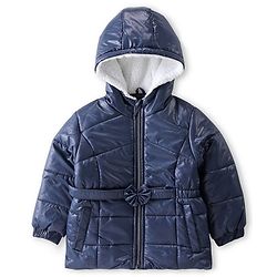 Babyhug Woven Full Sleeves Padded Hooded Jacket with Solid Colour & Floral Applique - Navy Blue