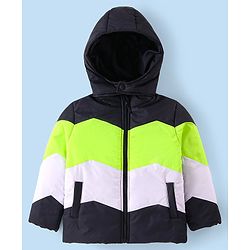 Babyhug Woven Full Sleeves Front Open Padded Hooded Jacket with Cut & Sew Design - Limegreen & Navy Blue