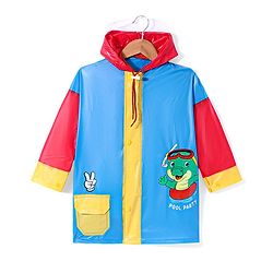 Babyhug Full Sleeves Below Knee Length Hooded Raincoat with Dino Print - Blue