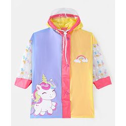 Babyhug Full Sleeves Below Knee Length Hooded Raincoat Unicorn Print - Lavender & Yellow