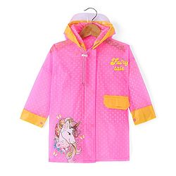 Babyhug Full Sleeves Below Knee Length Hooded Raincoat with Polka Dots & Unicorn Print - Pink