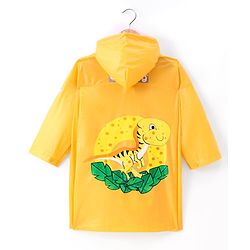 Babyhug Full Sleeves Hooded Below Knee Length Raincoat with Dino Print - Yellow