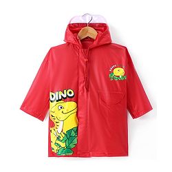 Babyhug Full Sleeves Below Knee Length Hooded Raincoat with Dino Print - Red
